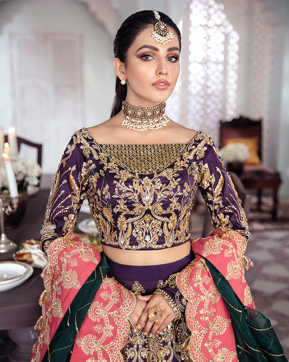 Kehkshan: A Majestic Purple and Green Bridal Ensemble