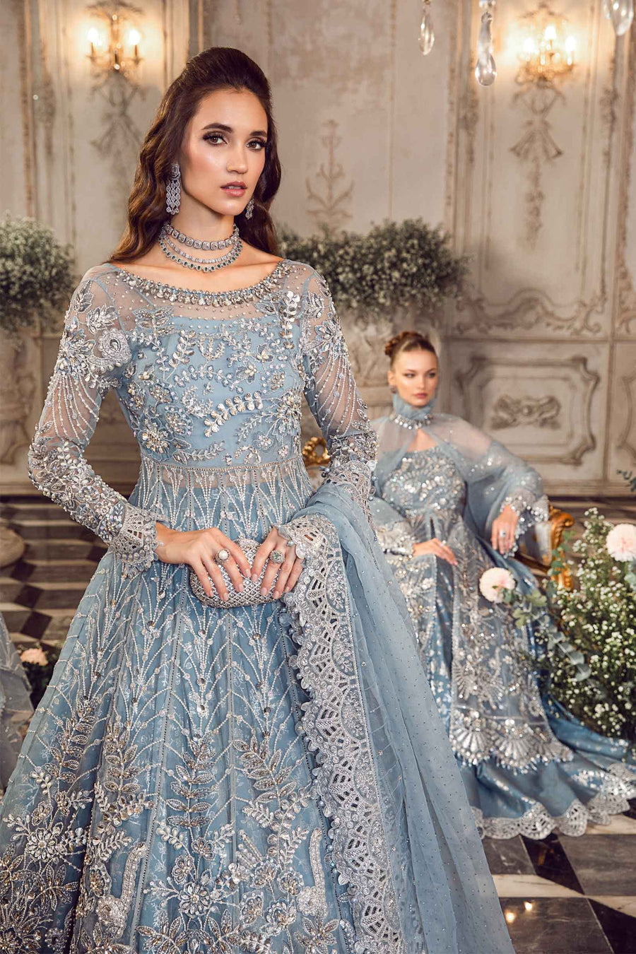 Icy Blue Beauty: Embroidered Organza Ensemble