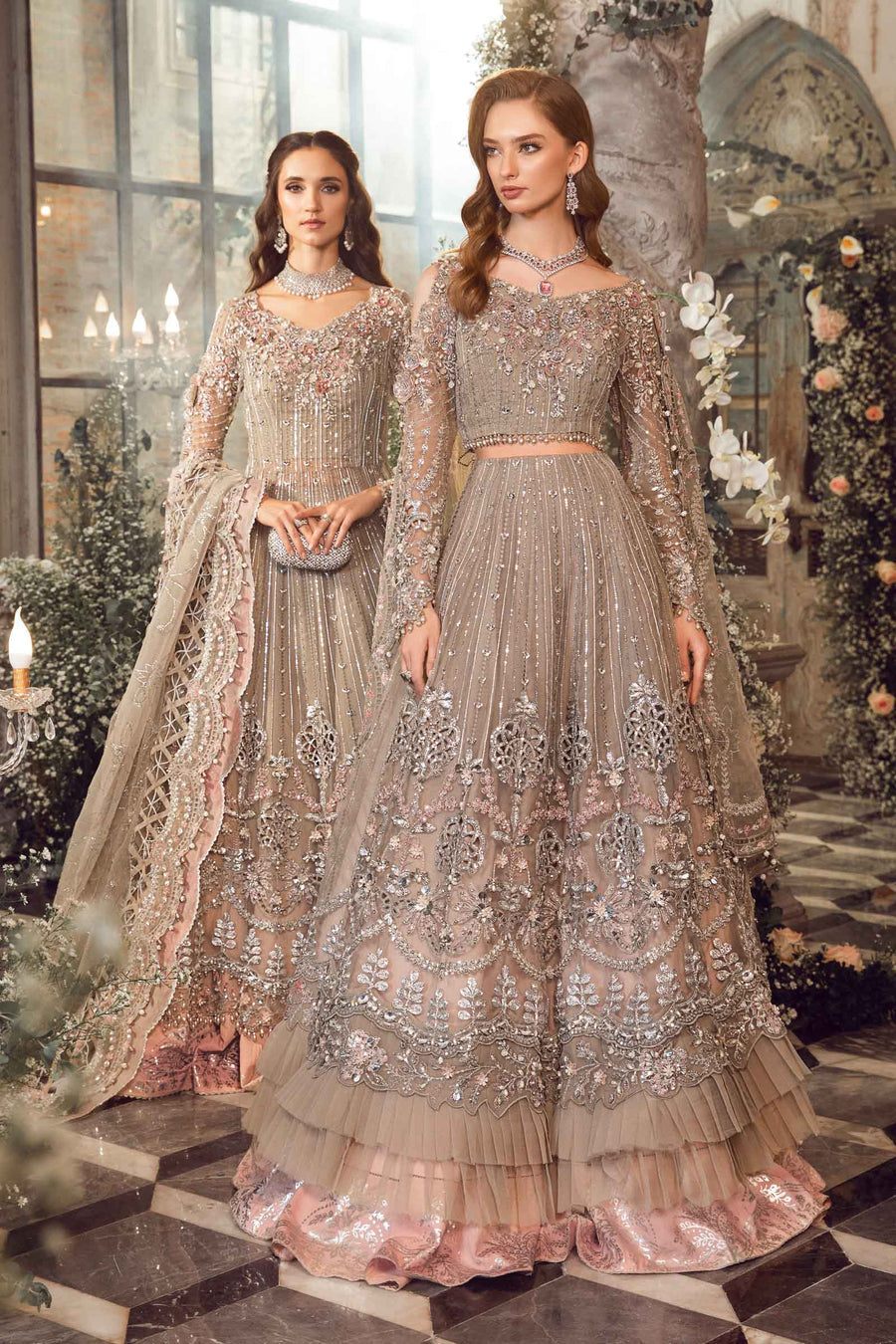 Elegant Grey Embroidered Organza and Jamawar Ensemble