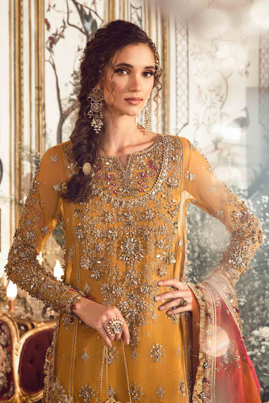 Luxurious Mustard Embroidered Organza and Raw Silk Ensemble